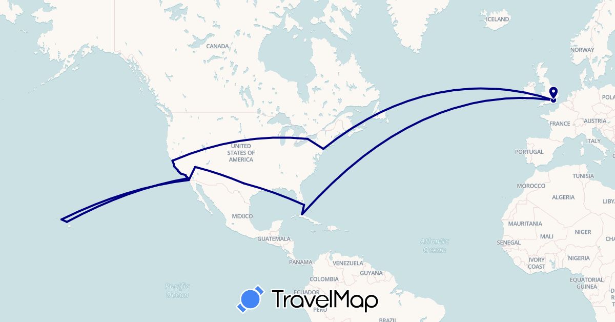 TravelMap itinerary: driving in Cuba, United Kingdom, United States (Europe, North America)